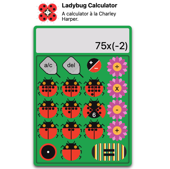 a calculator with ladybug and flower buttons showing a calculation